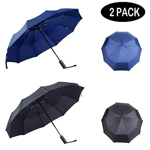 2 Travel Umbrellas - Windproof Auto Open & Close - Black & Blue