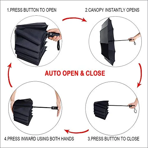2 Travel Umbrellas - Windproof Auto Open & Close - Black & Blue