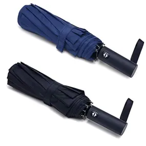 2 Travel Umbrellas - Windproof Auto Open & Close - Black & Blue