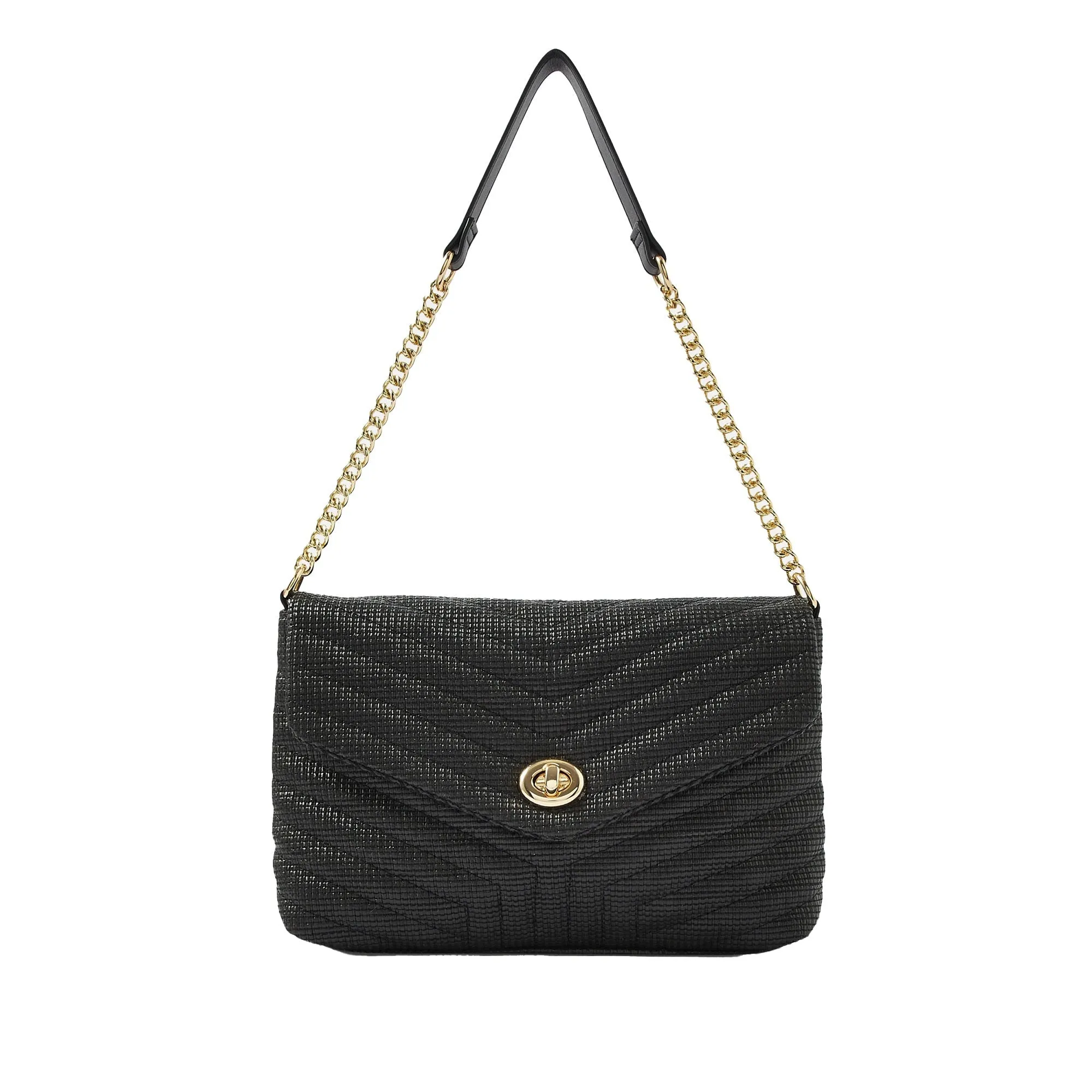 Accessorize London Women's Faux Leather Black Chevron lock Quilted shoulder bag