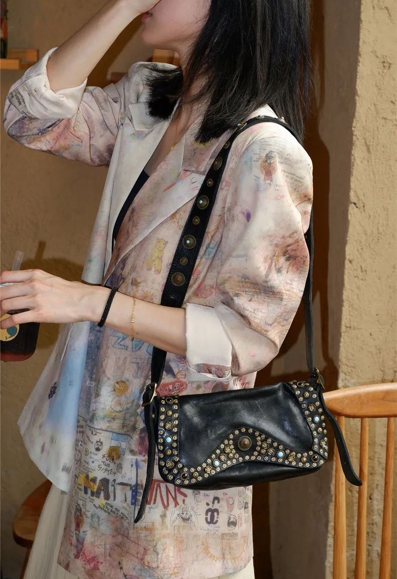 Boho Womens Rivet Leather Crossbody Satchel Soft Leather Shoulder Bag
