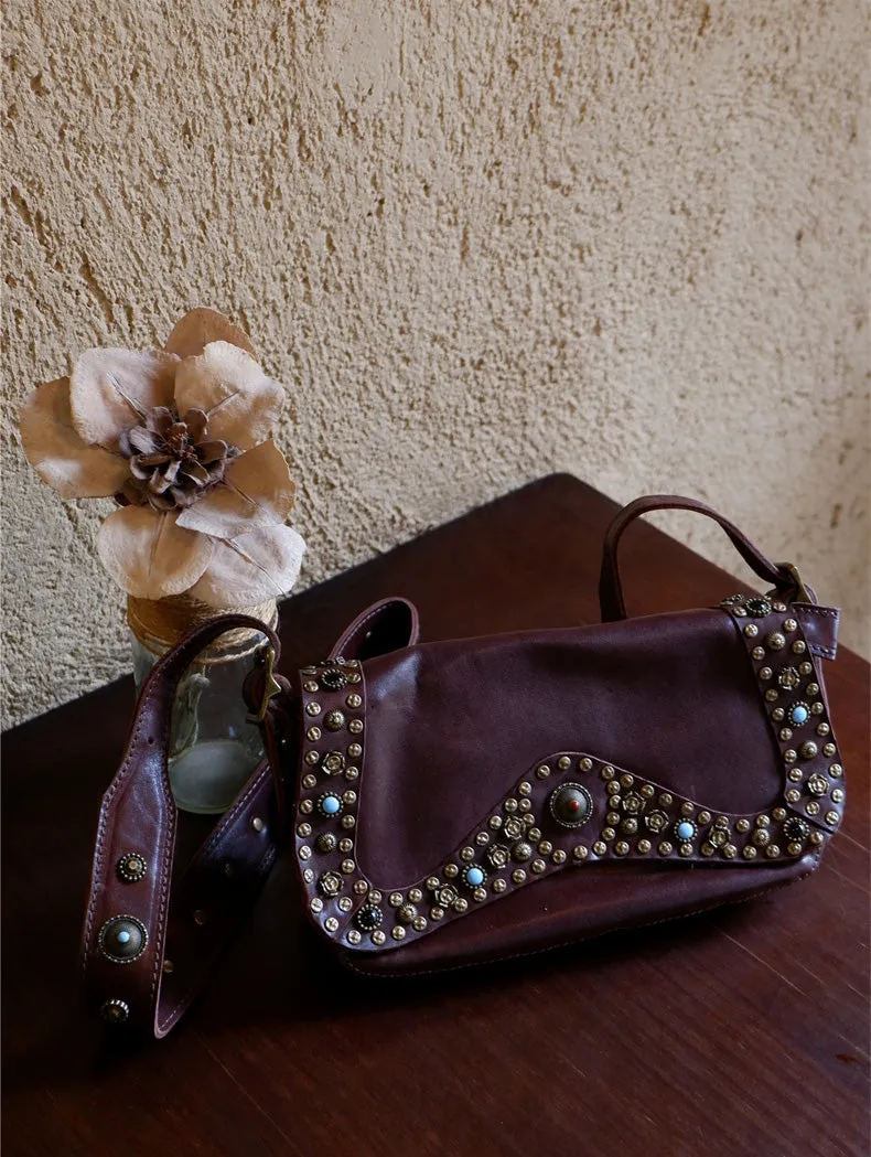 Boho Womens Rivet Leather Crossbody Satchel Soft Leather Shoulder Bag