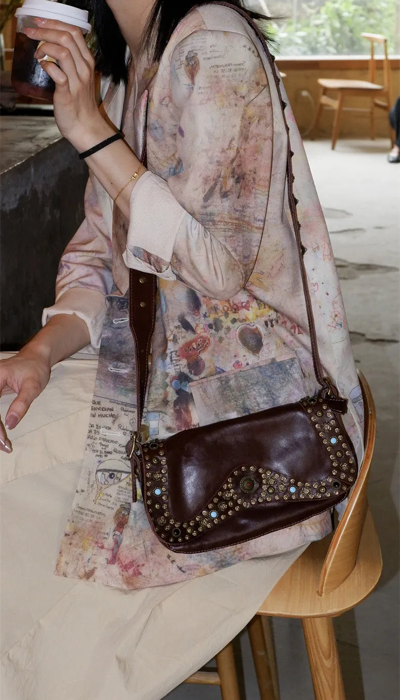 Boho Womens Rivet Leather Crossbody Satchel Soft Leather Shoulder Bag
