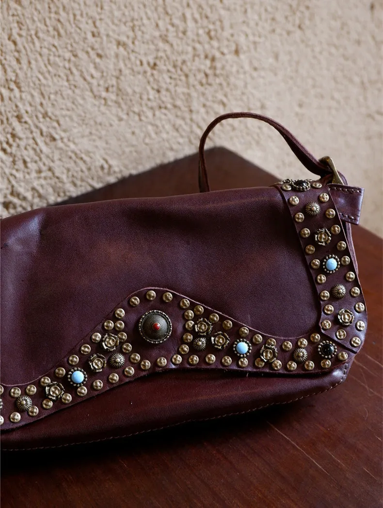 Boho Womens Rivet Leather Crossbody Satchel Soft Leather Shoulder Bag