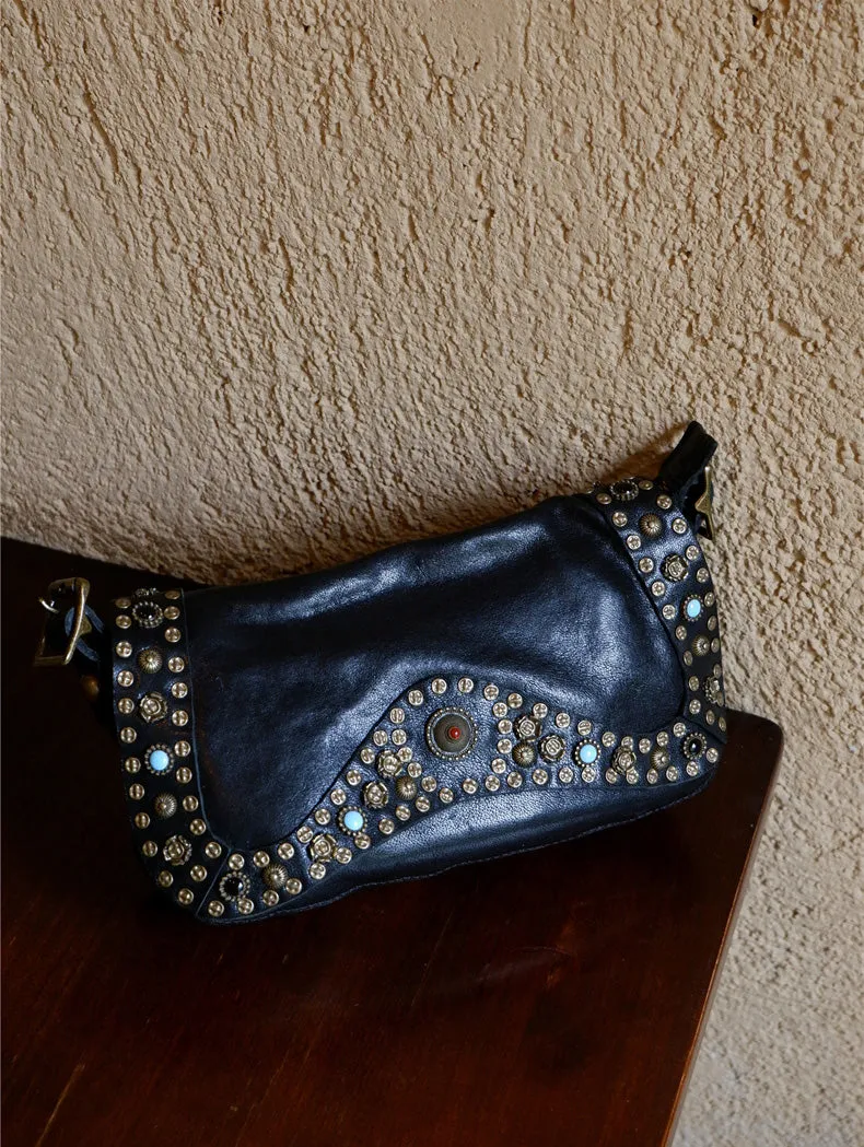 Boho Womens Rivet Leather Crossbody Satchel Soft Leather Shoulder Bag