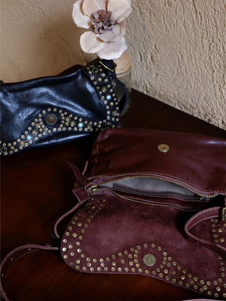 Boho Womens Rivet Leather Crossbody Satchel Soft Leather Shoulder Bag