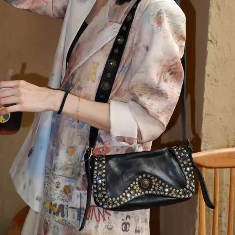 Boho Womens Rivet Leather Crossbody Satchel Soft Leather Shoulder Bag