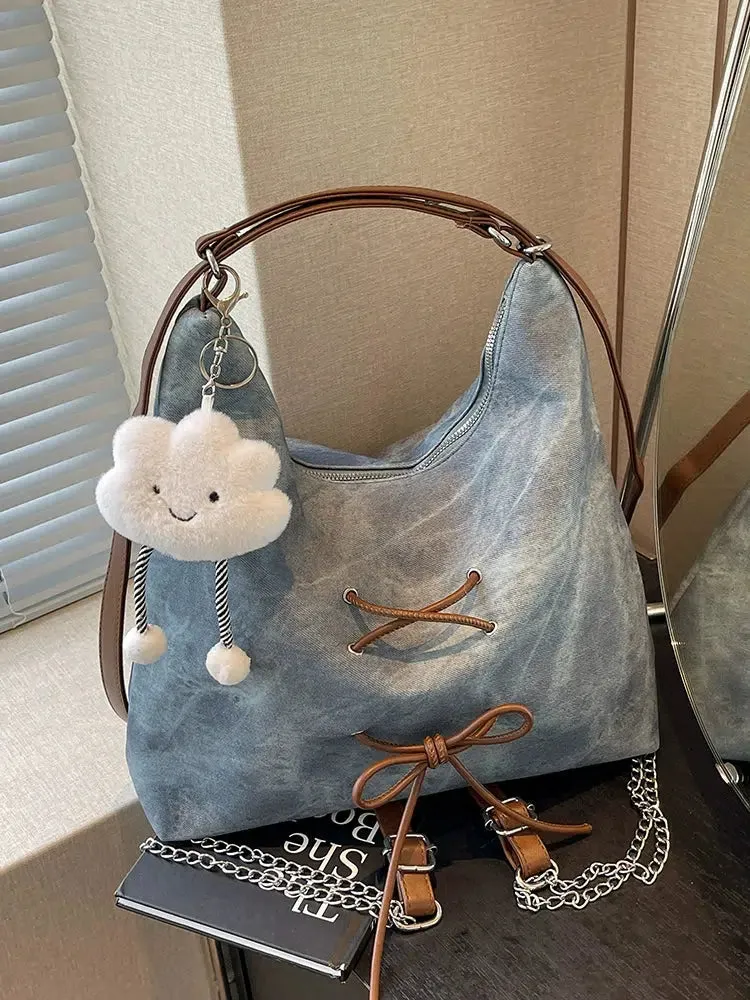 Bow Tie Denim Tote Bag