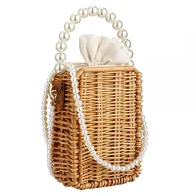 Buric Crossbody Bags for Women Beach Straw Purse Lightweight Women's Crossbody Handbags Fashion Pearl Shoulder Bag Retro Straw Handmade Bag Summer Basket Purse (Rectangle)