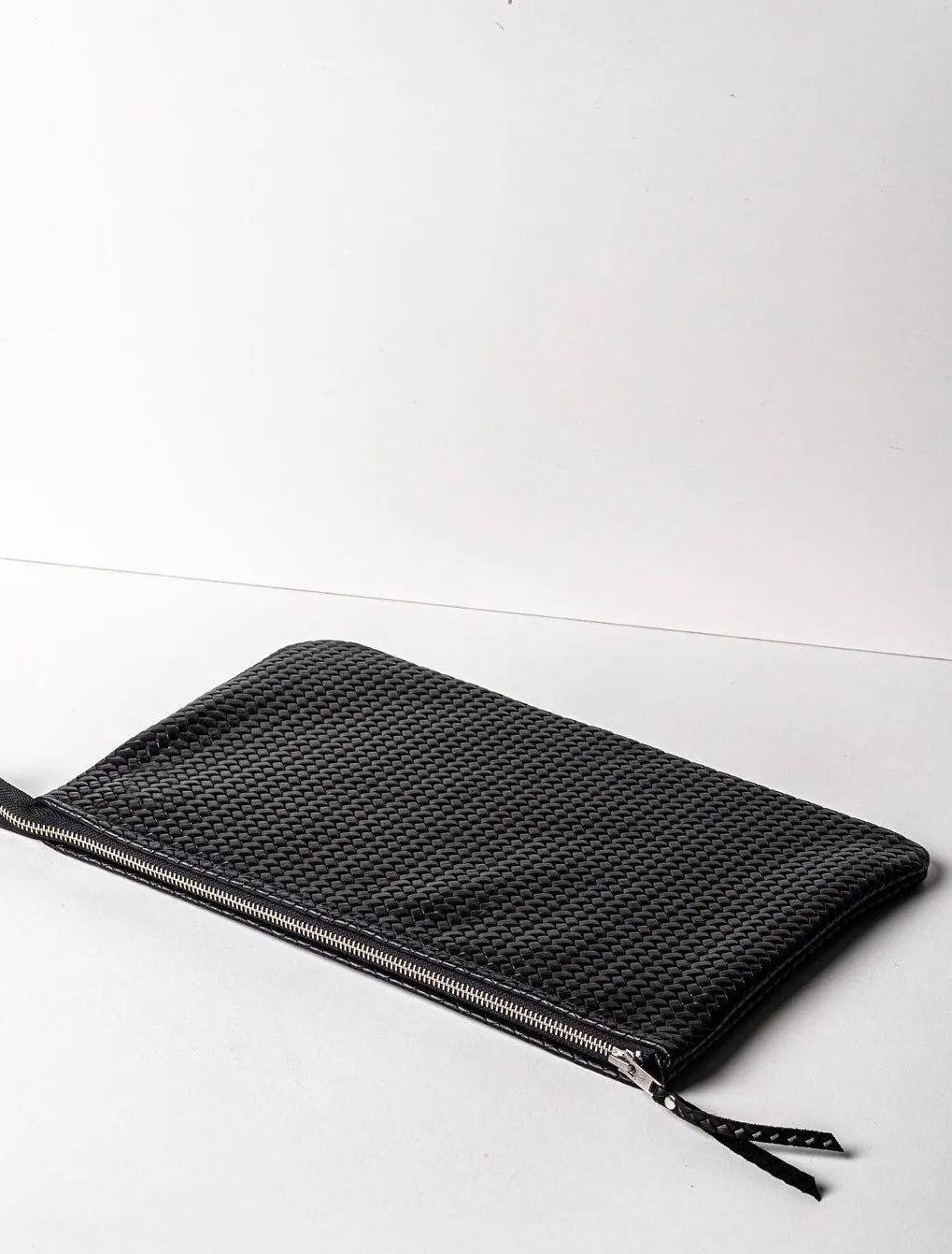 Coffer Mini Handwoven Leather Zipper Clutch-Black