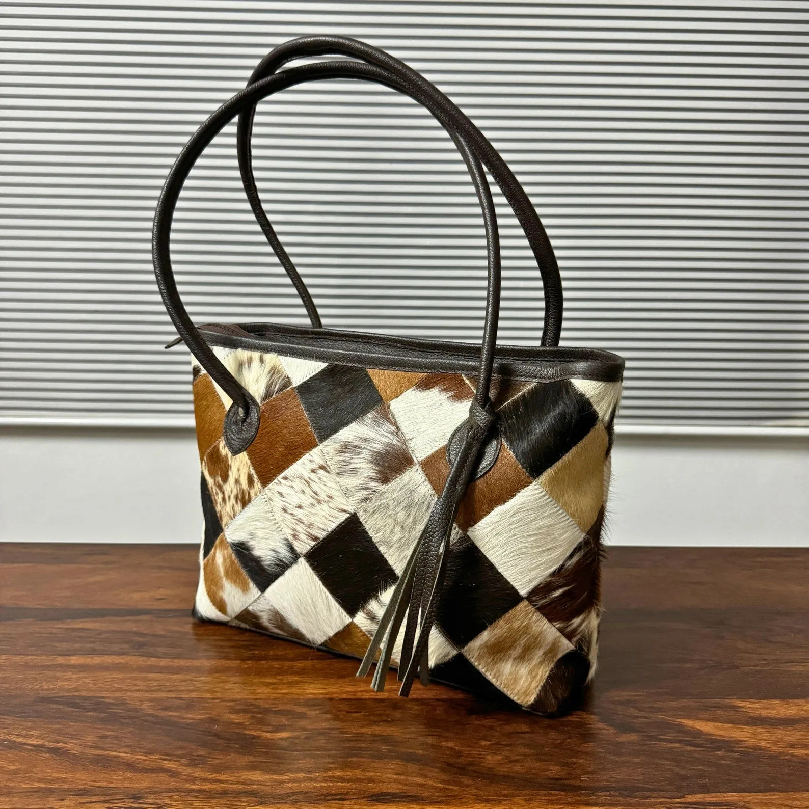 Cowhide Fur Tote Bag Patchwork Pattern