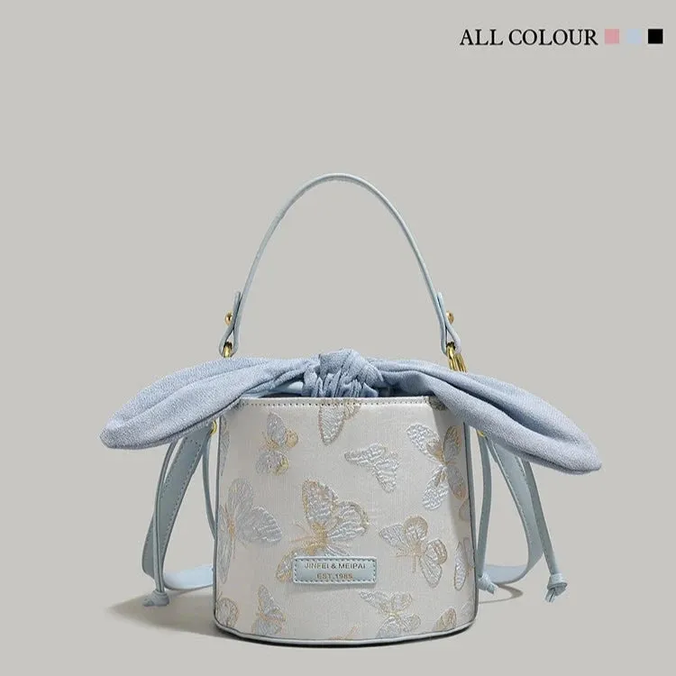 Cute Bunny Ears Bucket Bag - Butterfly Embroidery Tote