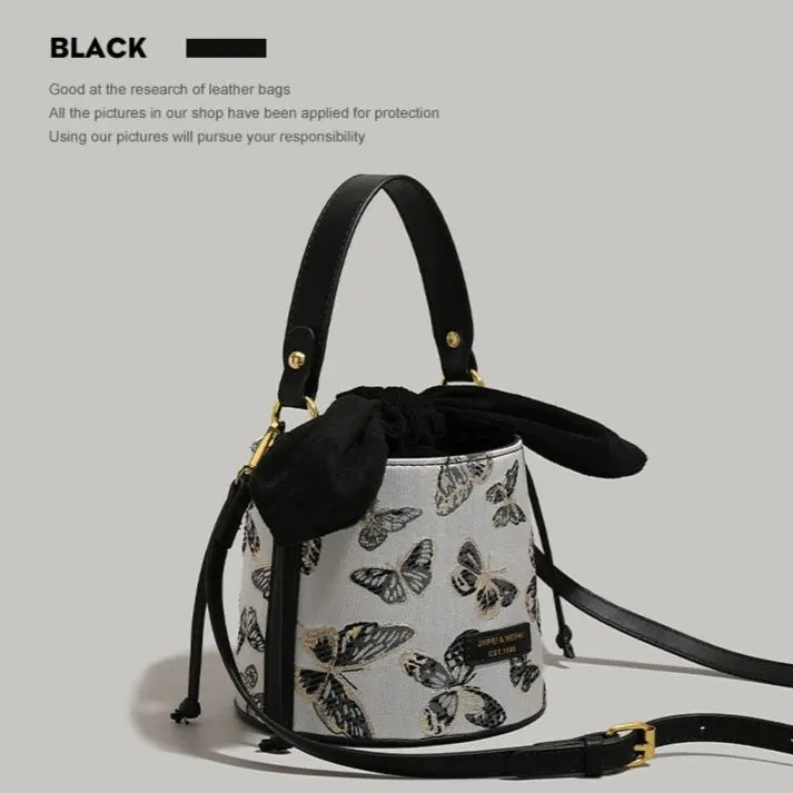 Cute Bunny Ears Bucket Bag - Butterfly Embroidery Tote
