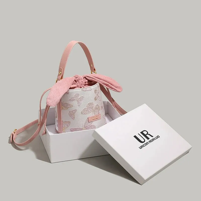 Cute Bunny Ears Bucket Bag - Butterfly Embroidery Tote