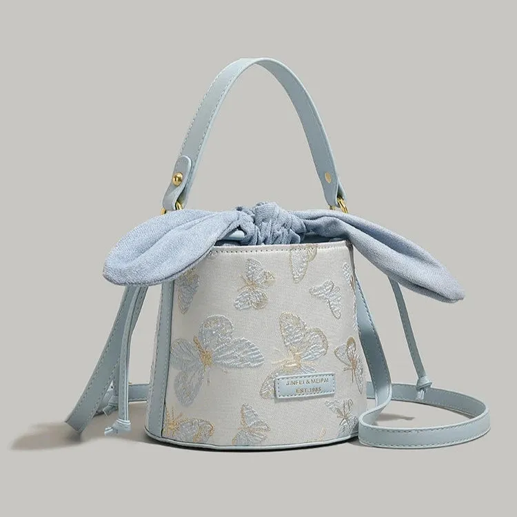 Cute Bunny Ears Bucket Bag - Butterfly Embroidery Tote