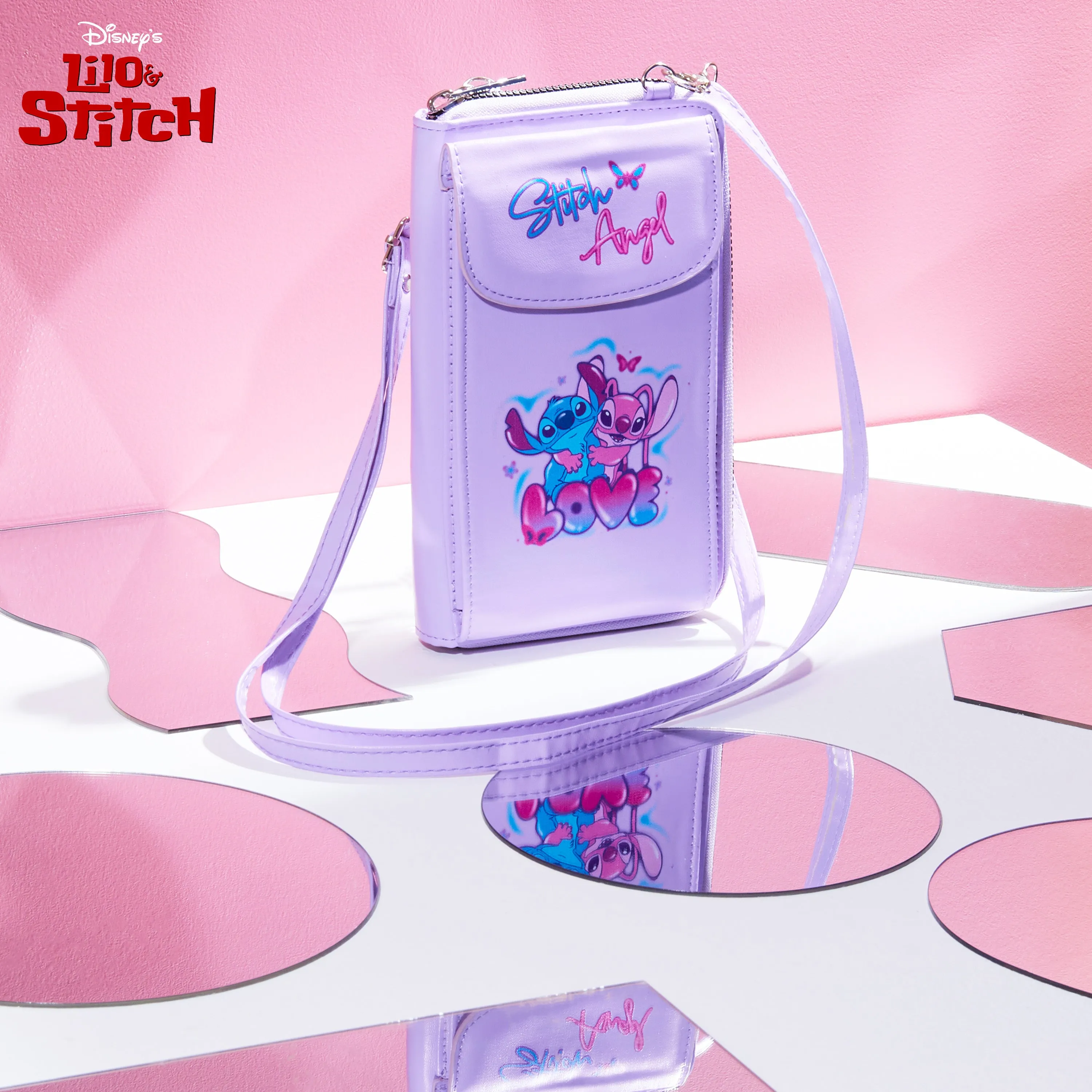 Disney Stitch Crossbody Bag for Girls Phone Bag with Card Slots Adjustable Strap - Pink
