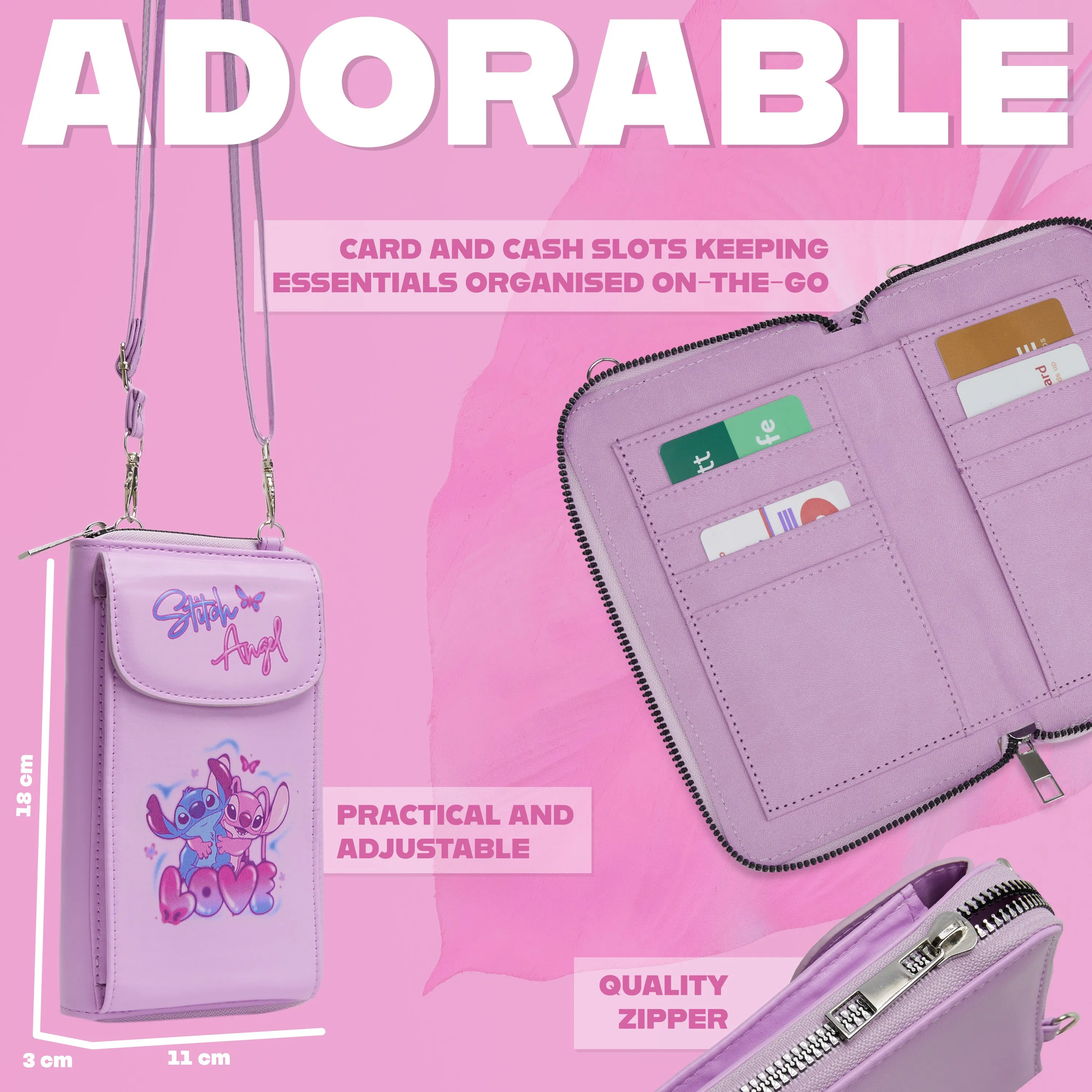 Disney Stitch Crossbody Bag for Girls Phone Bag with Card Slots Adjustable Strap - Pink