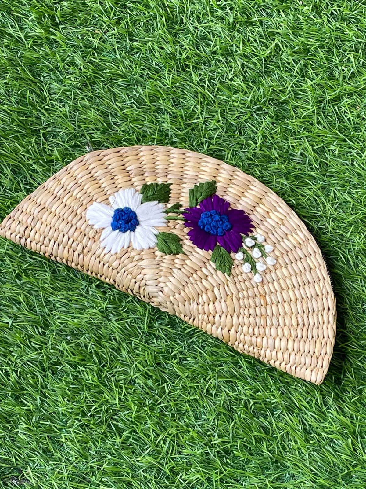 Embroidered Kouna Grass Clutch Large Flowers