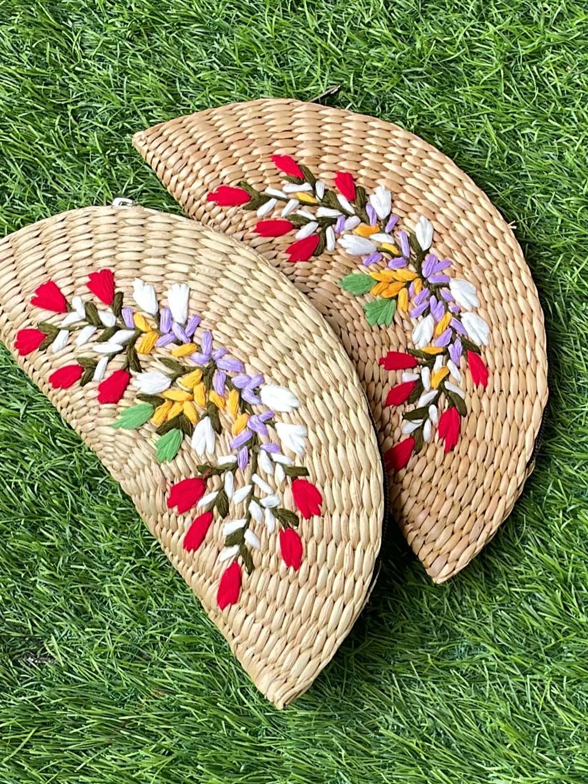 Embroidered Kouna Grass Clutch Small Flowers