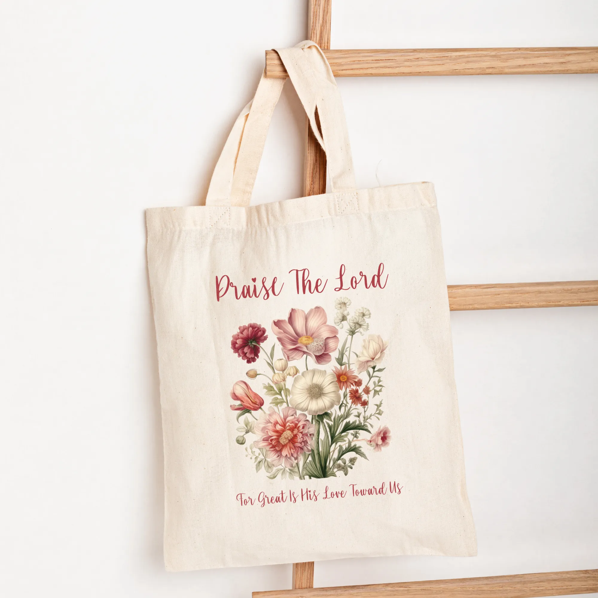 Floral Bible Study Bag, Psalm 117 Christian Tote Bag