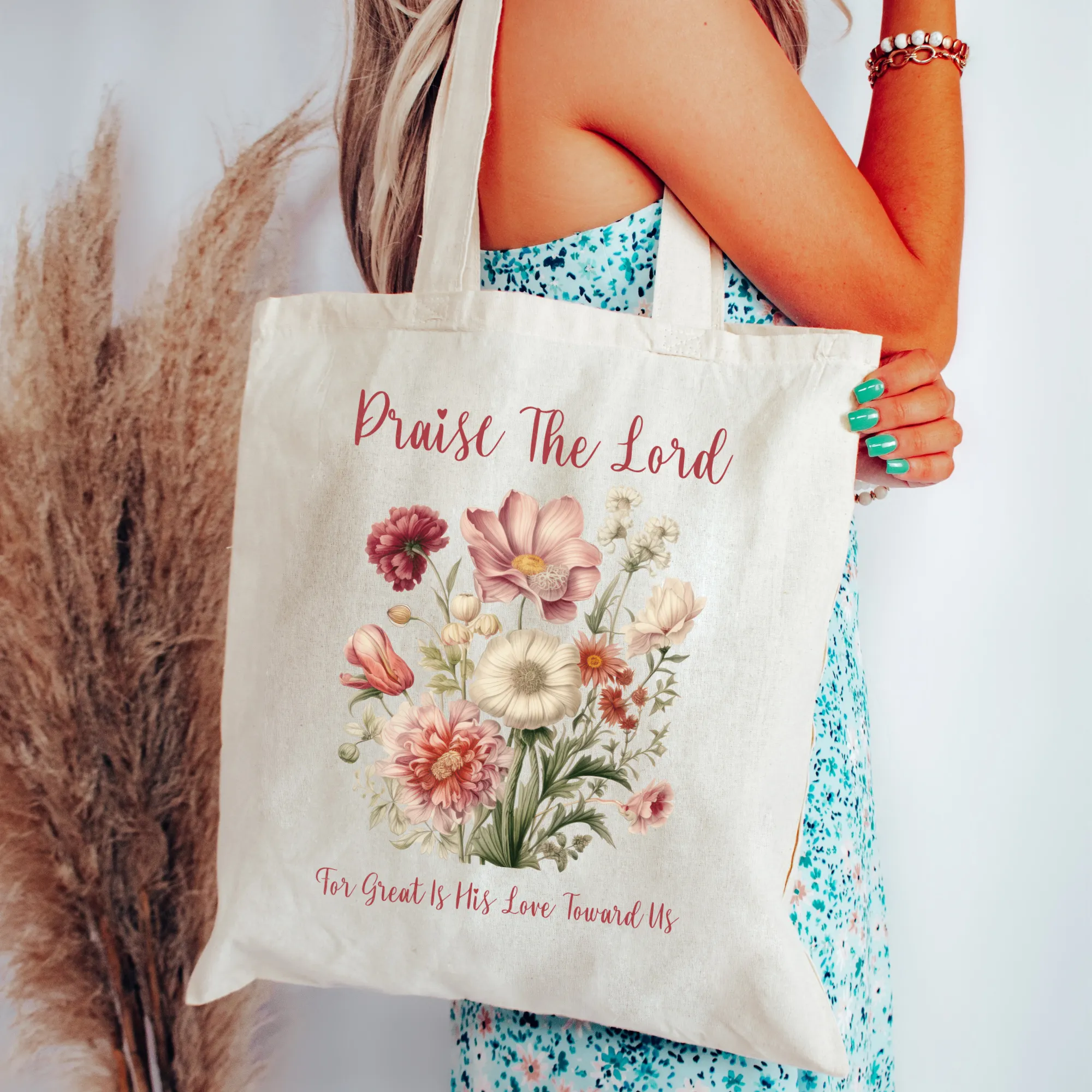 Floral Bible Study Bag, Psalm 117 Christian Tote Bag