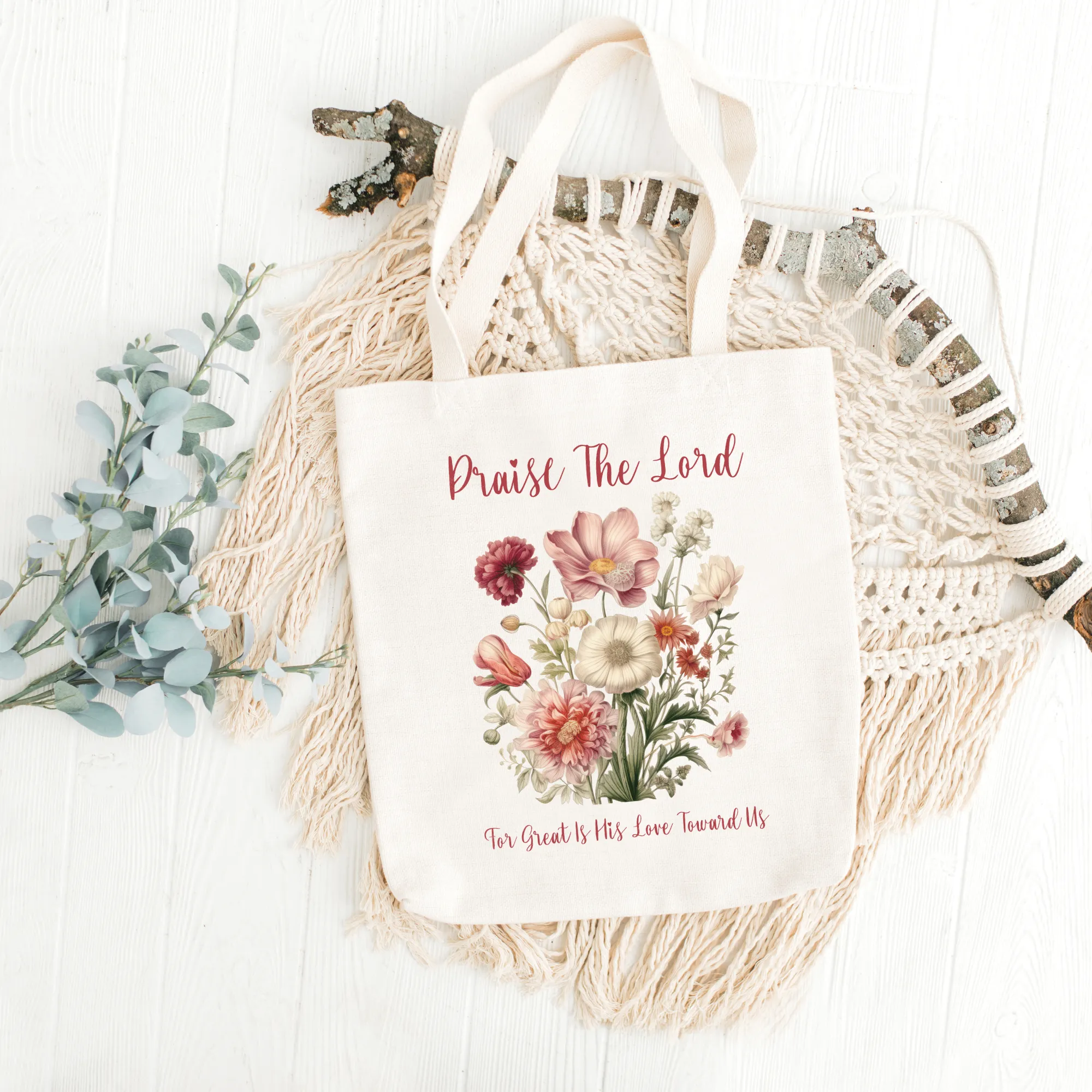 Floral Bible Study Bag, Psalm 117 Christian Tote Bag