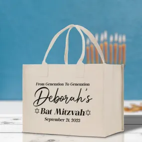 From Generation To Generation Bat Mitzvah Custom Name and Date Cotton Canvas Personalized Tote Bag Jewish Celebration Bag