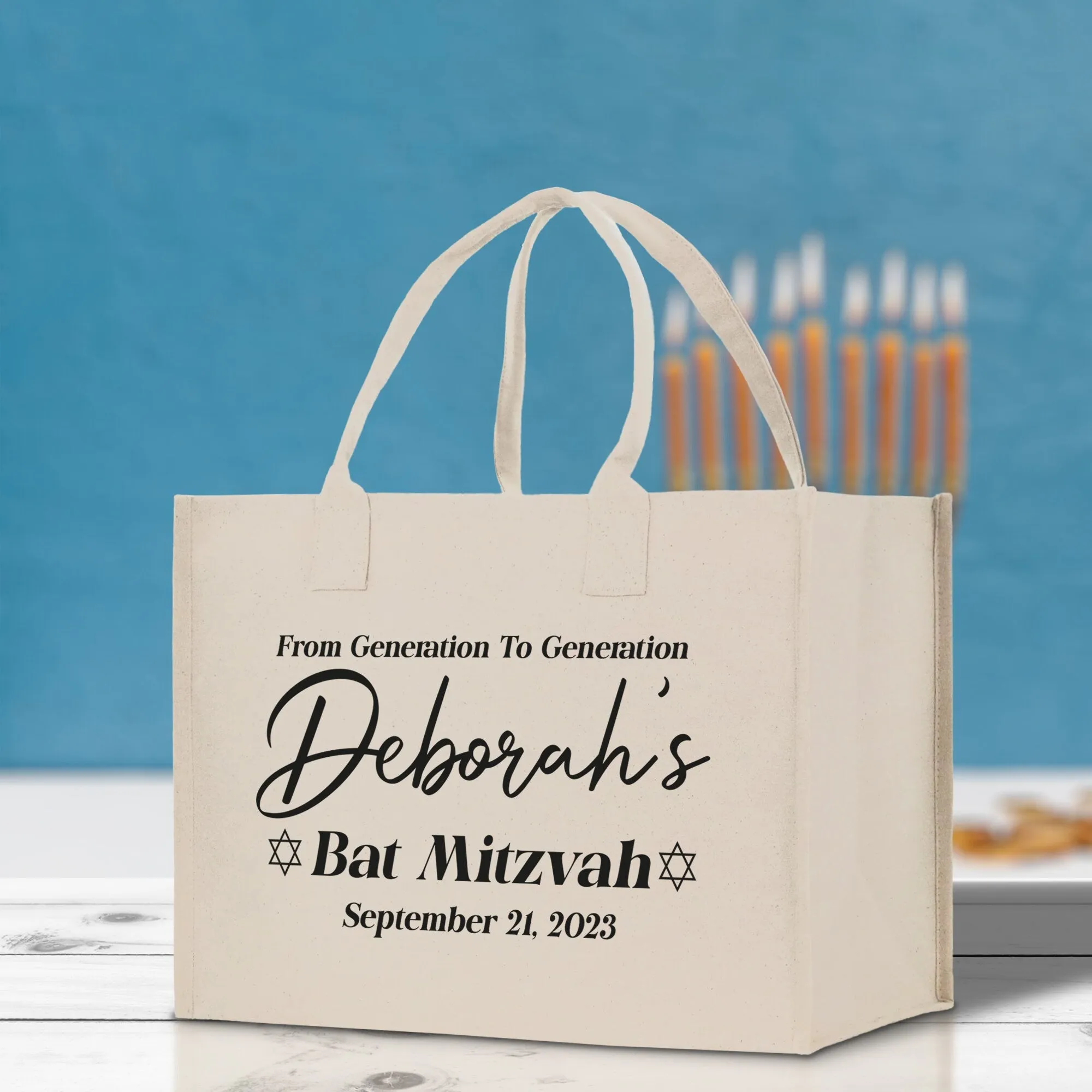 From Generation To Generation Bat Mitzvah Custom Name and Date Cotton Canvas Personalized Tote Bag Jewish Celebration Bag