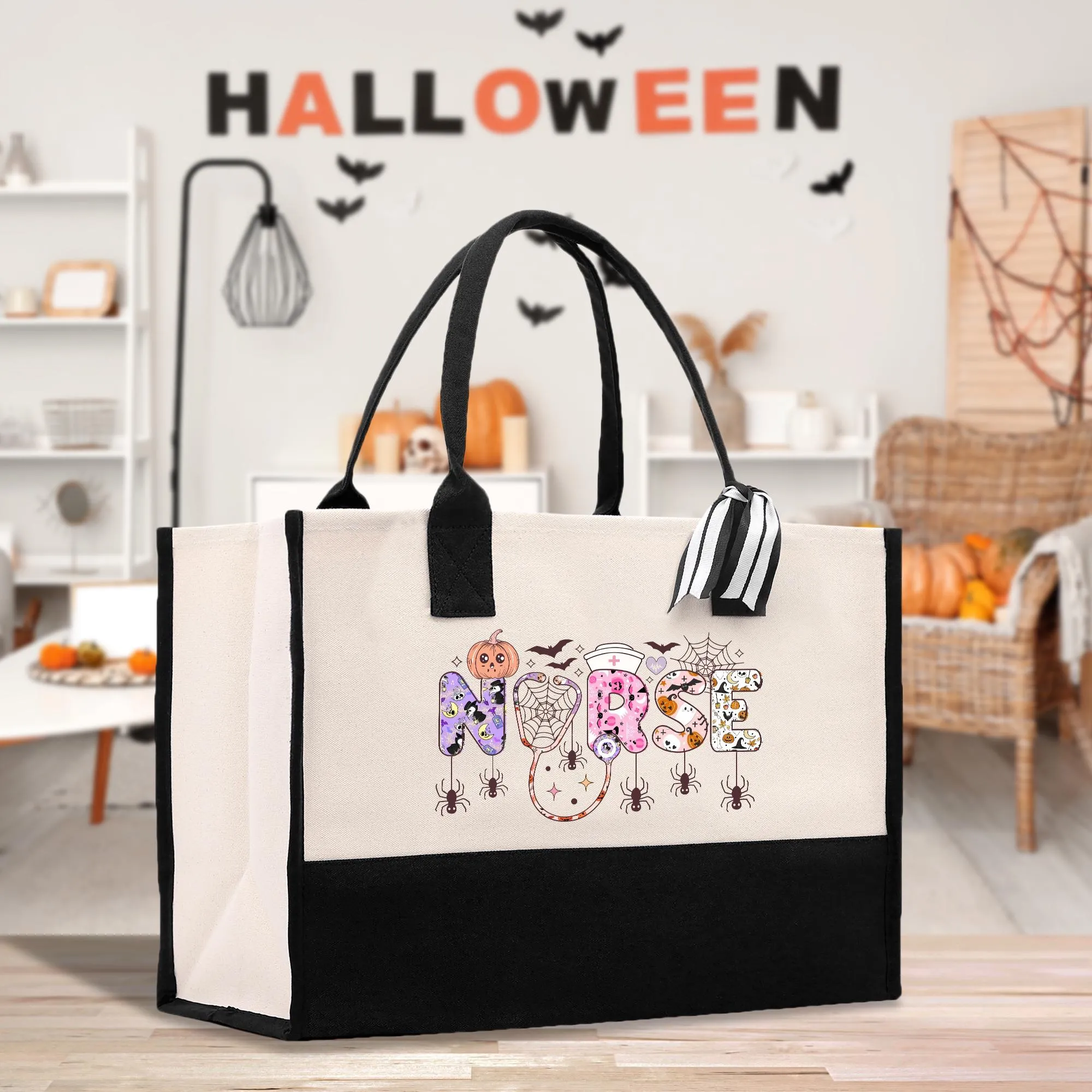 Halloween Trick or Treat Tote Bag Halloween Bag for Kids Halloween Gift Halloween Candy Bag Halloween Doodles Cute Canvas Tote Bag (HW1025)