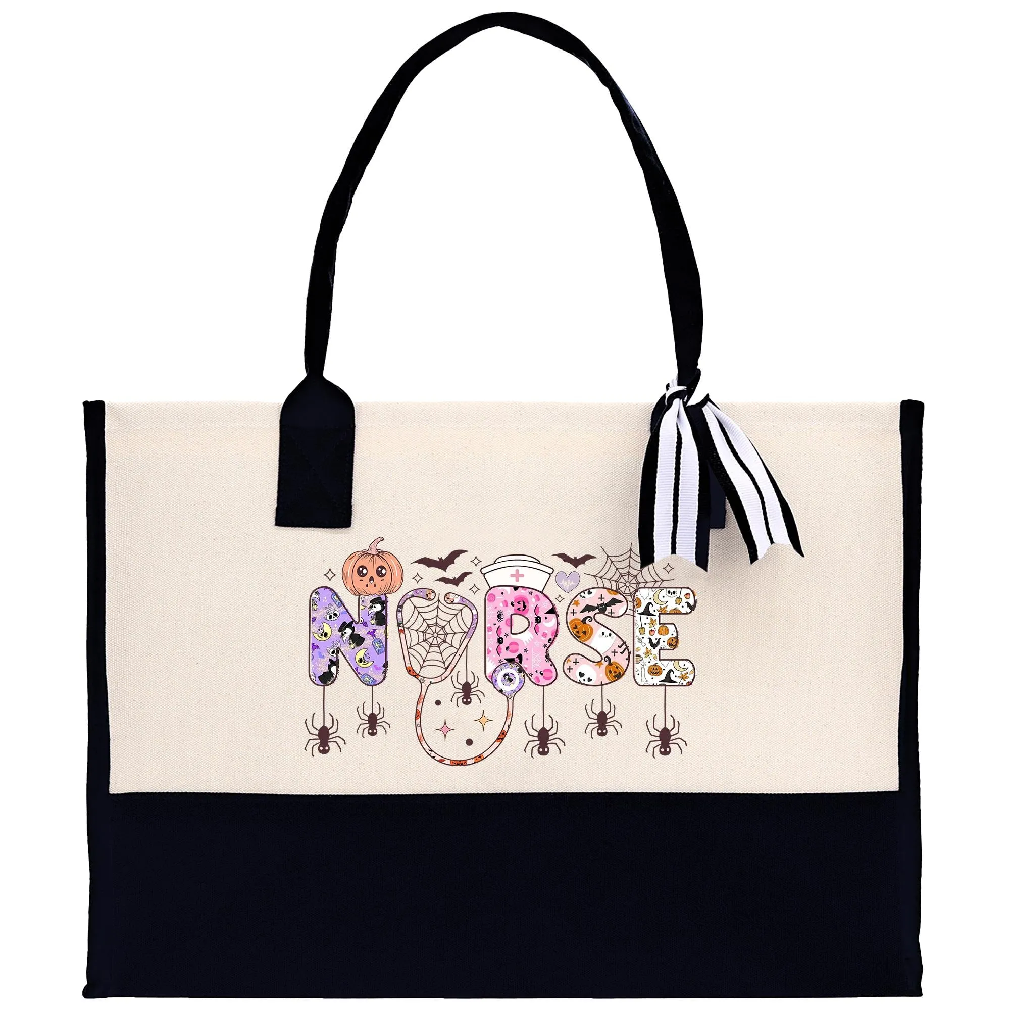 Halloween Trick or Treat Tote Bag Halloween Bag for Kids Halloween Gift Halloween Candy Bag Halloween Doodles Cute Canvas Tote Bag (HW1025)