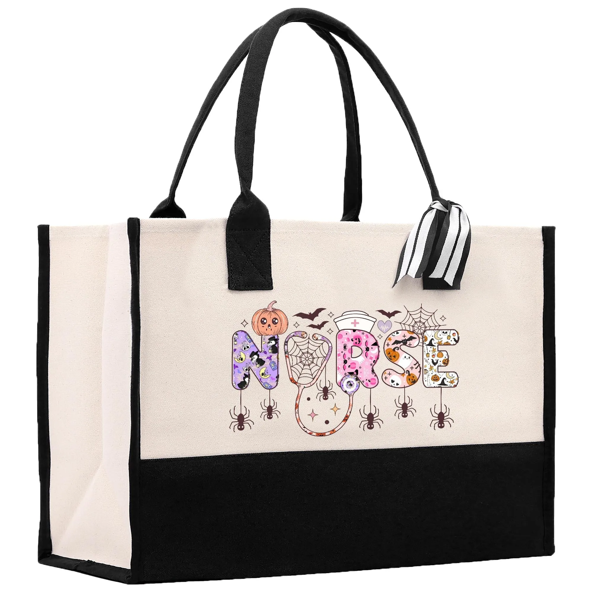 Halloween Trick or Treat Tote Bag Halloween Bag for Kids Halloween Gift Halloween Candy Bag Halloween Doodles Cute Canvas Tote Bag (HW1025)