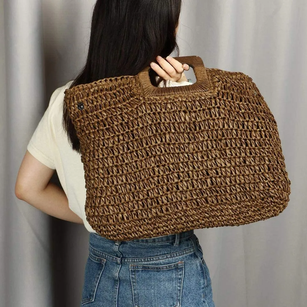 Hand Woven Khaki Straw Tote Beach Bag with Lining Pockets