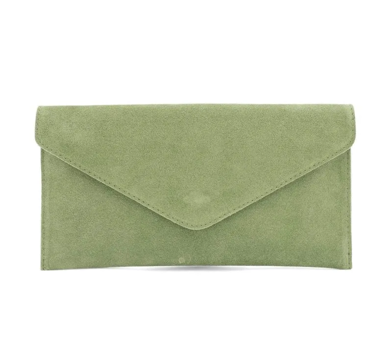 Italian Designer Soft Suede Leather Envelope Clutch Cross Body  Eleonora- Sage Green