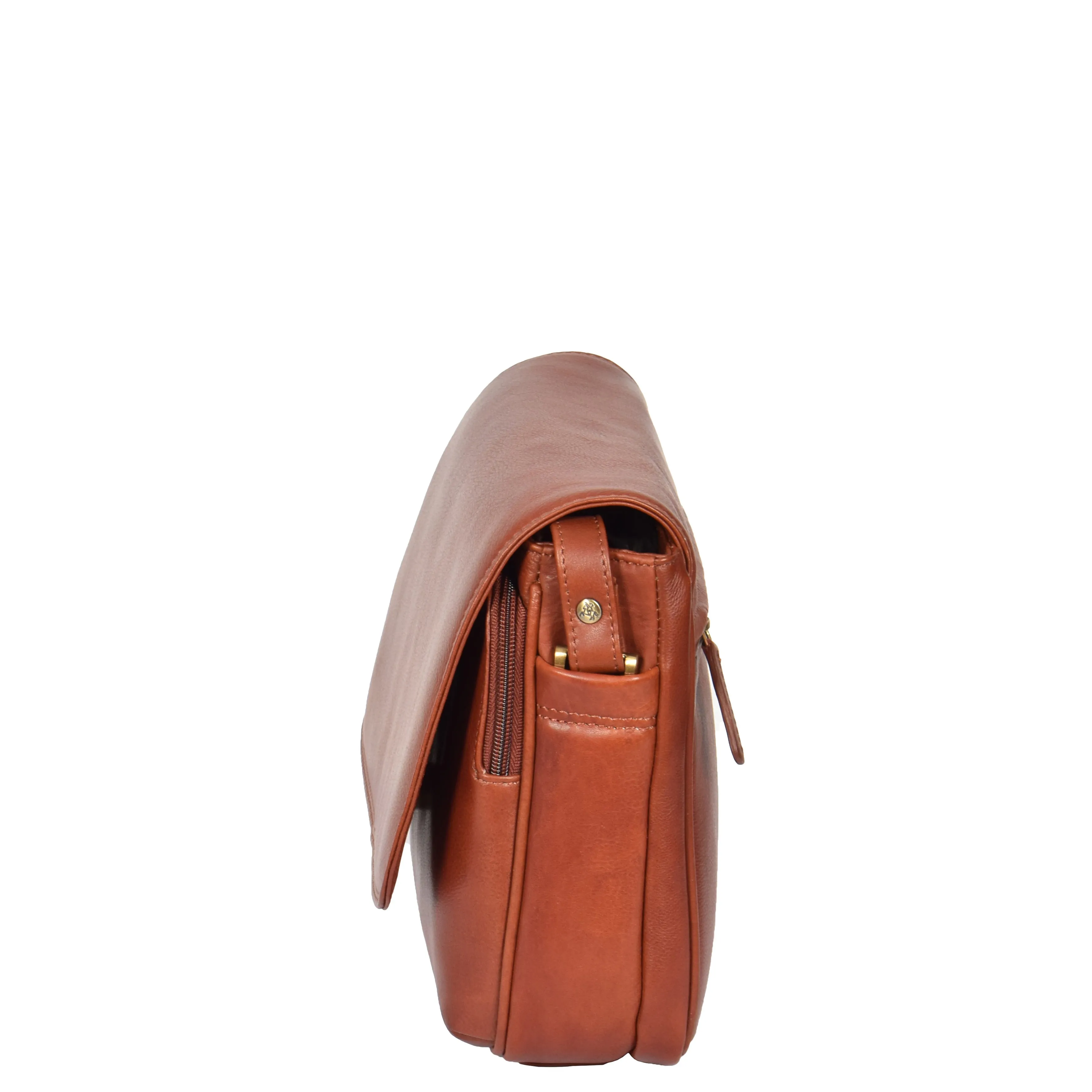 Ladies BROWN Leather Shoulder Bag Flap Over Handbag A190