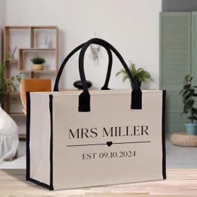 Mrs. Last Name Est Year Tote Bag Personalized Date Wedding Gift Tote Bridal Shower Gift Honeymoon Gift Customized Bridesmaid Gift (MRST1002)