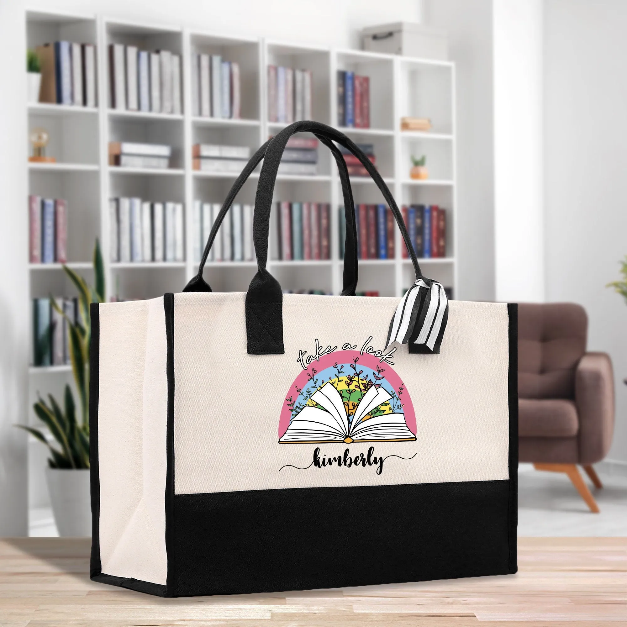 Personalized Book Lover Cotton Canvas Tote Bag Customized Library Bag Bookworm Gift Bag School Librarian Gift Tote