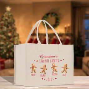 Personalized Grandma's Favorite Cookies Grandkid Names and Year Christmas Cotton Canvas Tote Bag Custom Xmas Eve Gift Holiday Gift (CT1059)