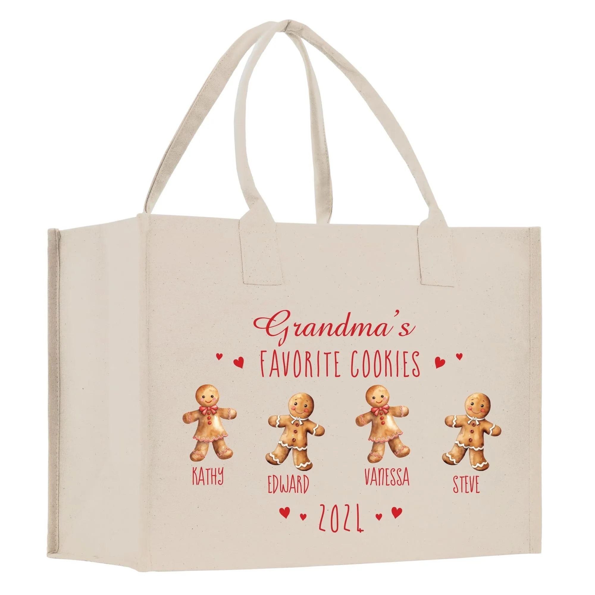 Personalized Grandma's Favorite Cookies Grandkid Names and Year Christmas Cotton Canvas Tote Bag Custom Xmas Eve Gift Holiday Gift (CT1059)
