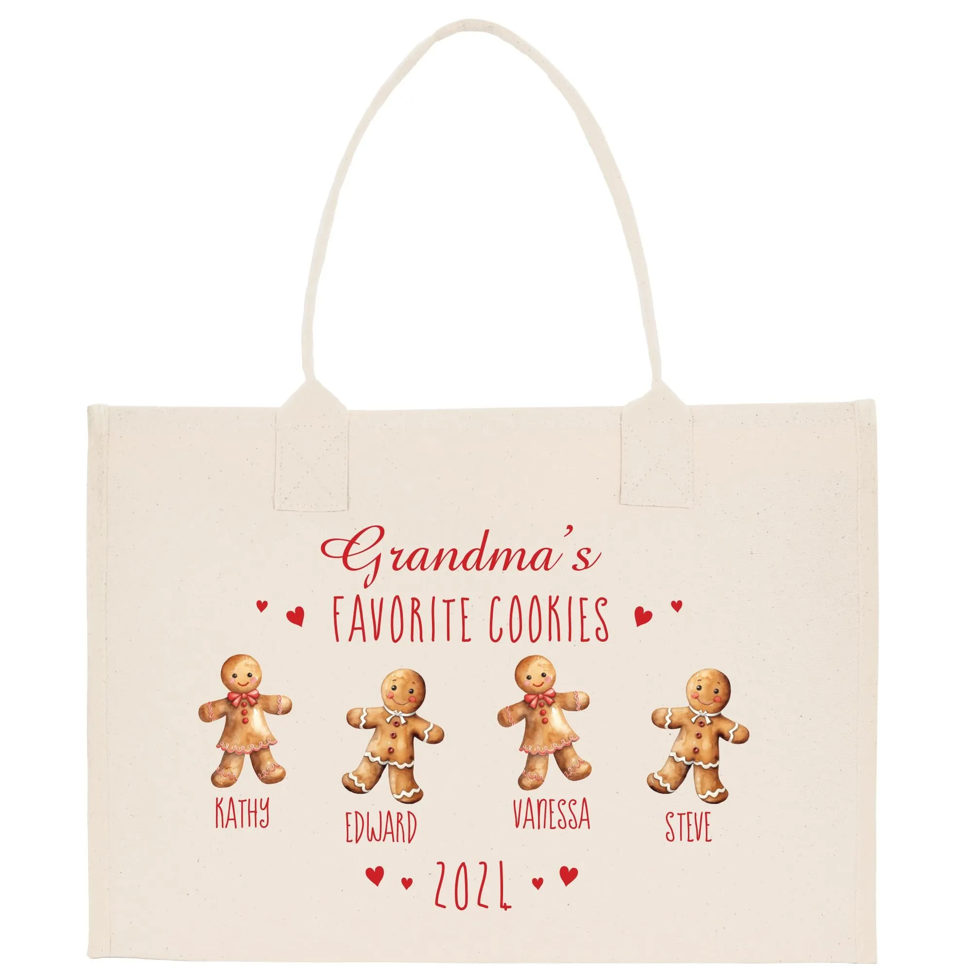 Personalized Grandma's Favorite Cookies Grandkid Names and Year Christmas Cotton Canvas Tote Bag Custom Xmas Eve Gift Holiday Gift (CT1059)