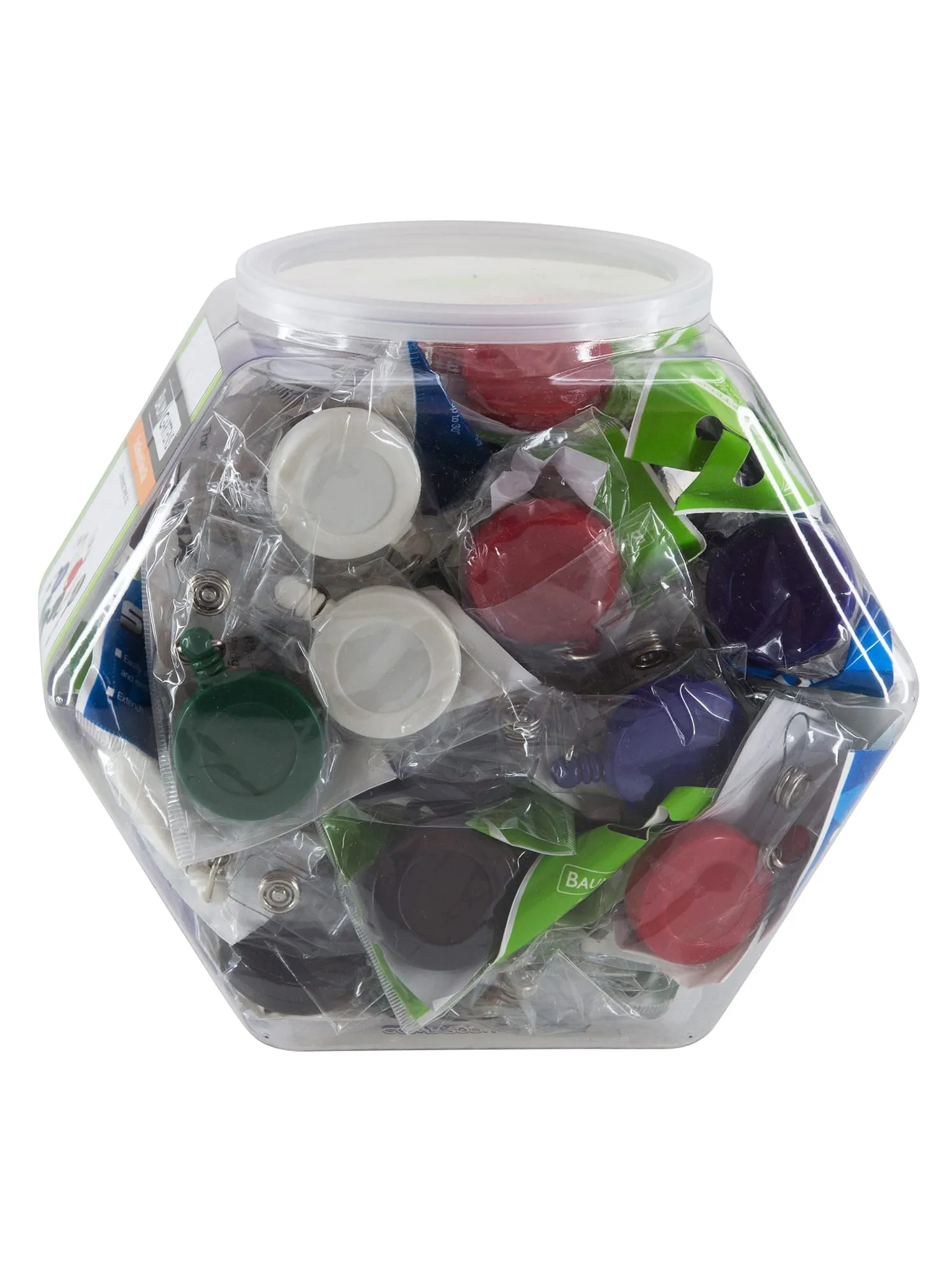 SICURIX ID Badge Reels Standard Round Swivel Spring Clip Strap Hexagonal Tub Display of 36 ASSORTED Colors (68849)