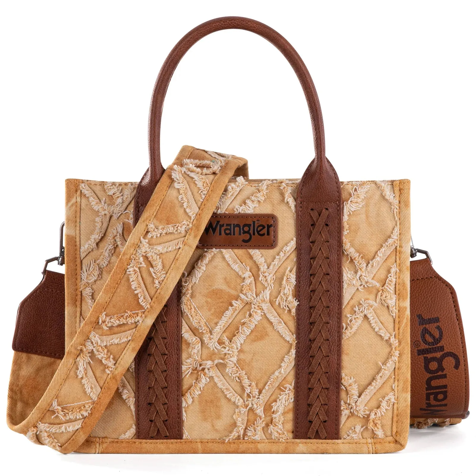 Wrangler Yellow Denim Frayed Fringe Small Canvas Tote/Crossbody in Brown